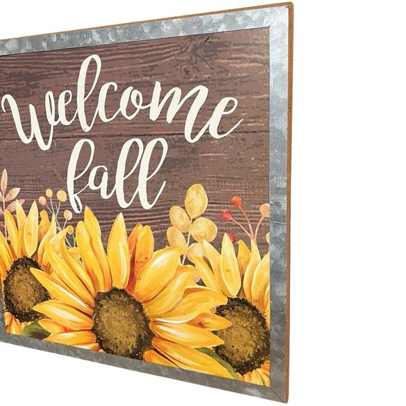 Welcome Fall Sunflower Hanging Sign 11x11 Galvanized Metal Trim Wood Sign Decor - Picture 3 of 9